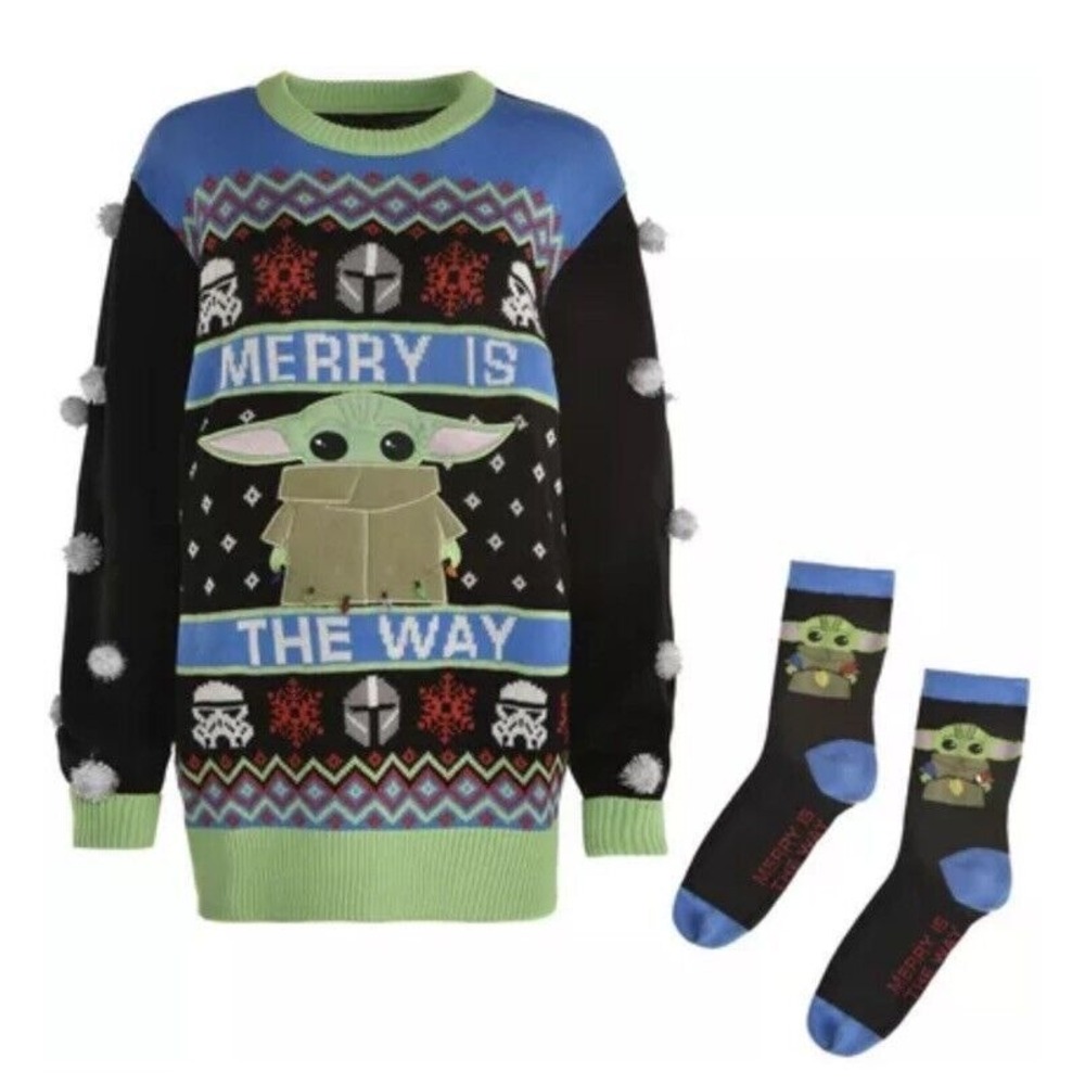 Mens Star Wars Grogu The‎ Child Ugly Christmas Sweater and Socks L /XL NWT